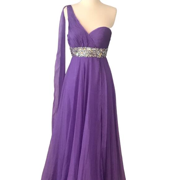 TEMPTATION Purple Lilac Gown Chiffon One Shoulder Embellished Rhinestone Dress 2 - Picture 2 of 7